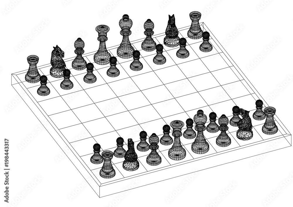 chess board with figures 3D blueprint - isolated chess board with figures 3D blueprint - isolated