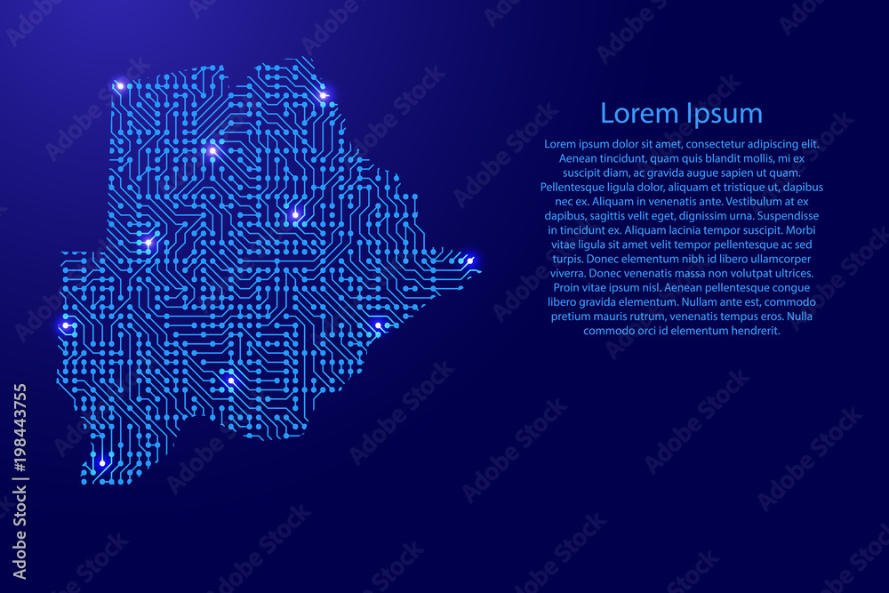 Map Botswana from printed board, chip and radio component with blue star space on the contour for banner, poster, greeting card, of vector illustration.