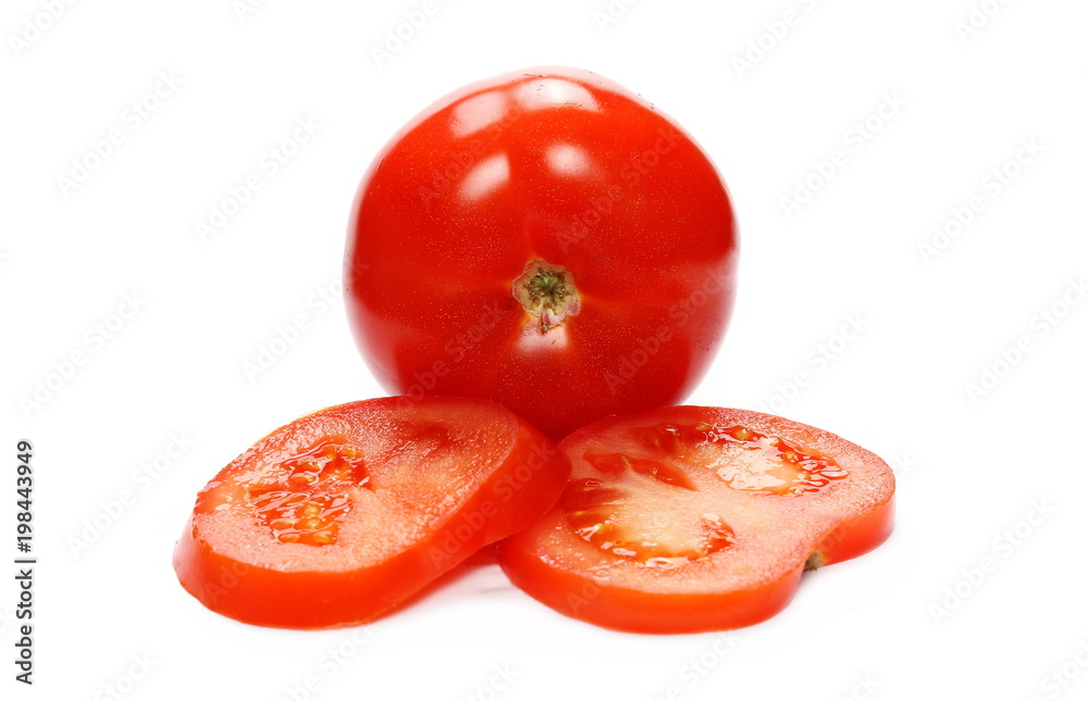Fresh red tomato with slices isolated on white background Fresh red tomato with slices isolated on white background