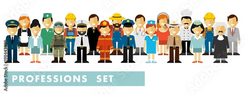 People occupation characters set in flat style isolated on white background. Different people professions characters stand in a row