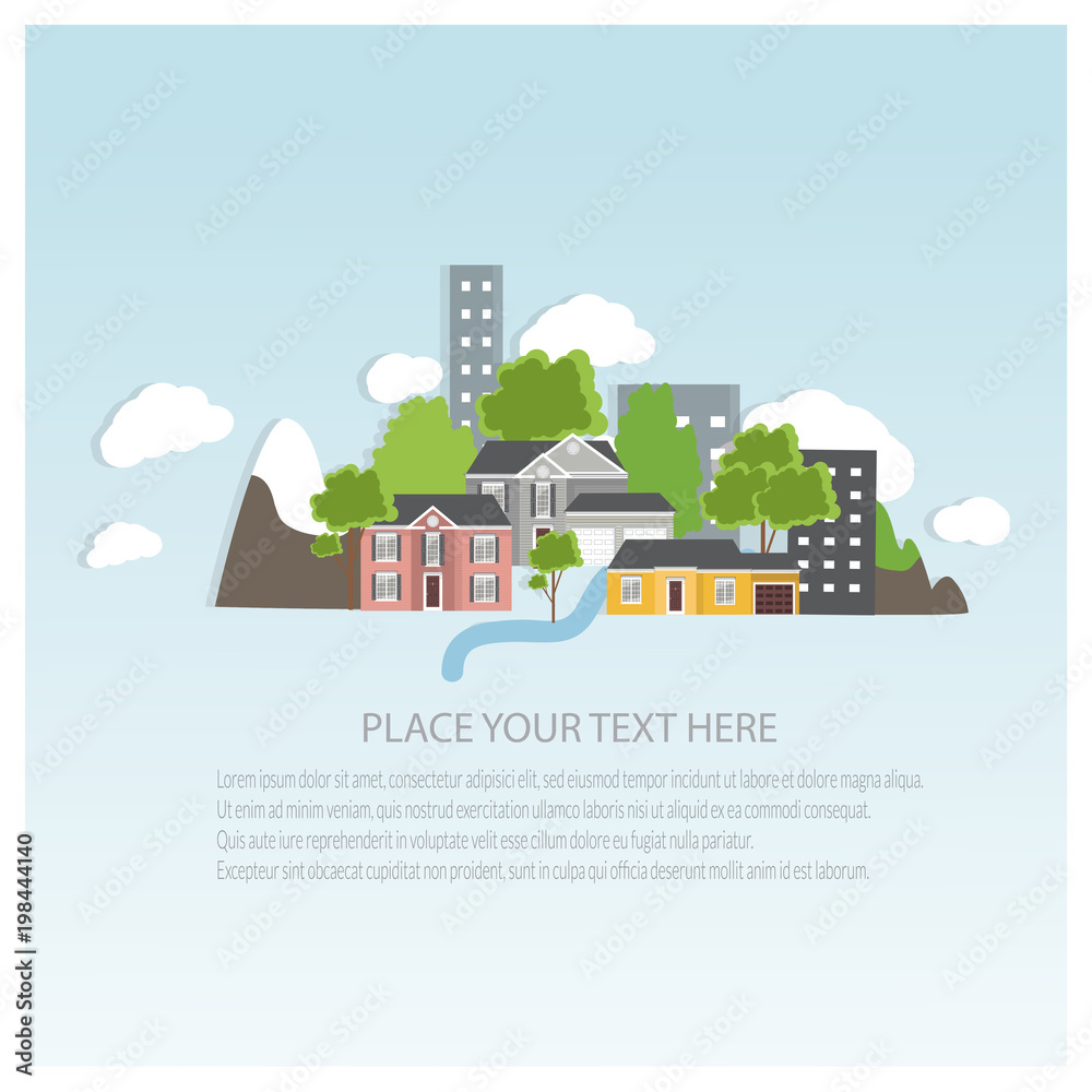 Flat design urban landscape illustration. Cityscape Banner with traditional and modern houses, mountains and trees.