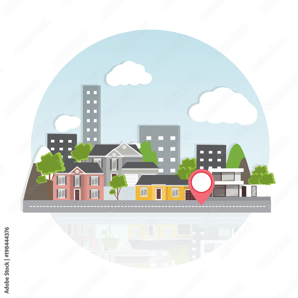 Flat design urban landscape illustration. Cityscape with traditional and modern houses, mountains and trees. real estate concept. Banner and Background for houses sales