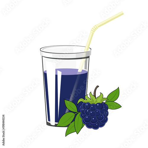 Glass of Fresh Fruity Berry Juice of Blackberry and a Straw Isolated on White Background , Summer Refreshing Drink, Vector Illustration