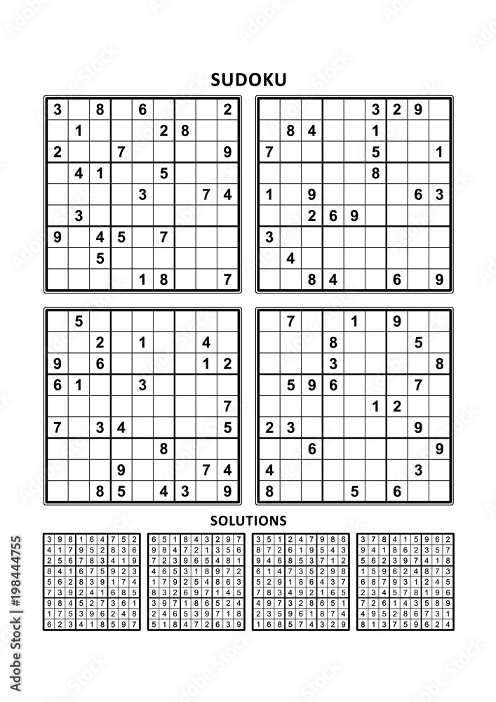 four sudoku puzzles of comfortable easy yet not very easy level on a4 or letter sized page with margins suitable for large print books answers included set 10 stock vector adobe stock