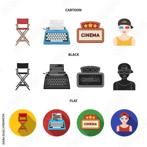 Chair of the director, typewriter, cinematographic signboard, film-man. Films and cinema set collection icons in cartoon,black,flat style vector symbol stock illustration web.