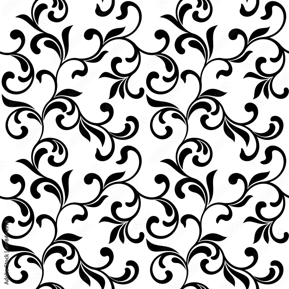 Floral seamless pattern. Black swirls and foliage isolated on a white background. Ideal for textile print and wallpapers. Floral seamless pattern. Black swirls and foliage isolated on a white background. Ideal for textile print and wallpapers.