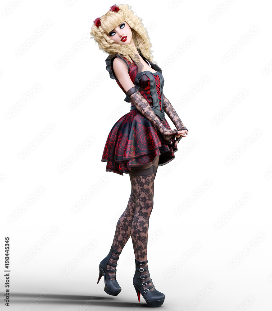 Young beautiful girl with doll face posing photo shoot. Short dark red dress, stockings, shoes. Long blonde hair. Bright goth make up. Conceptual fashion art. Realistic 3D render illustration.
