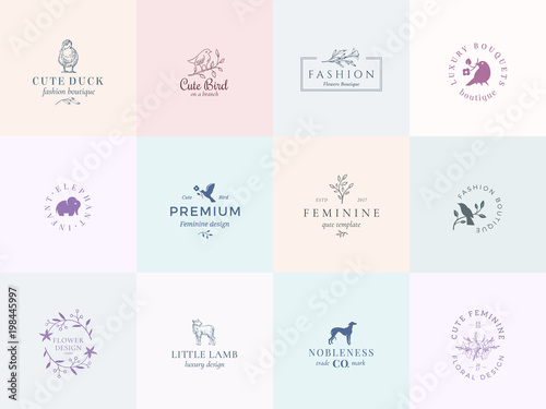 Twelve Abstract Feminine Vector Signs or Logo Templates Set. Retro Floral Illustration with Classy Typography, Birds, Lamb, Duck, Hound and Elephant. Premium Quality Emblems.