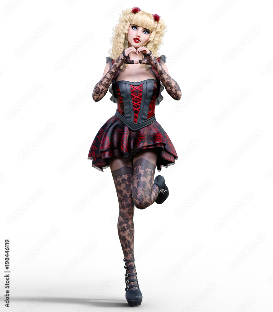 Young beautiful girl with doll face posing photo shoot. Short dark red dress, stockings, shoes. Long blonde hair. Bright goth make up. Conceptual fashion art. Realistic 3D render illustration.
Young beautiful girl with doll face posing photo shoot. Short dark red dress, stockings, shoes. Long blonde hair. Bright goth make up. Conceptual fashion art. Realistic 3D render illustration.