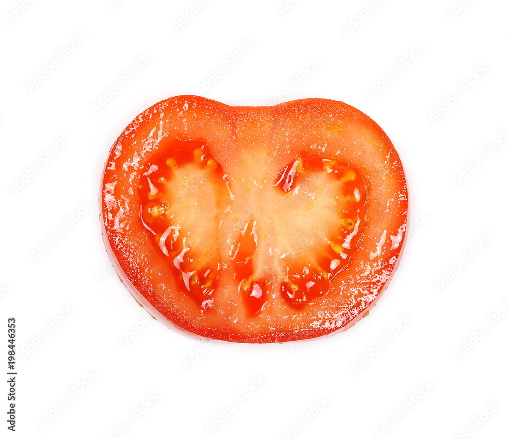 Fresh red tomato slice isolated on white background, top view