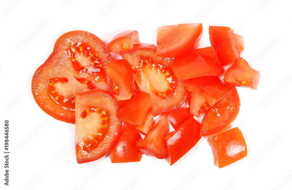 Fresh red tomato slices isolated on white background, top view Fresh red tomato slices isolated on white background, top view