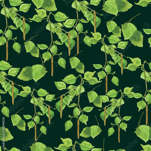 Seamless pattern with birch branches and leaves