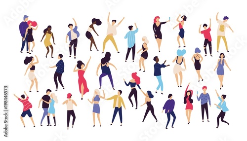 Crowd of young men and women dressed in trendy clothes dancing at club or music concert. Large group of male and female cartoon characters having fun at party. Flat colorful vector illustration.
