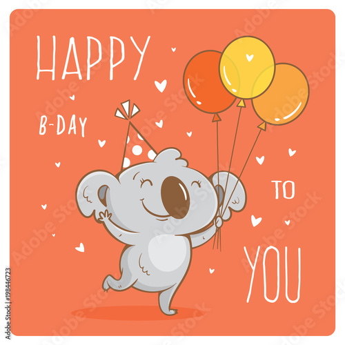 Birthday card  with cute cartoon koala. Balloons and party hats. Vector contour image. Little funny baby animal. 