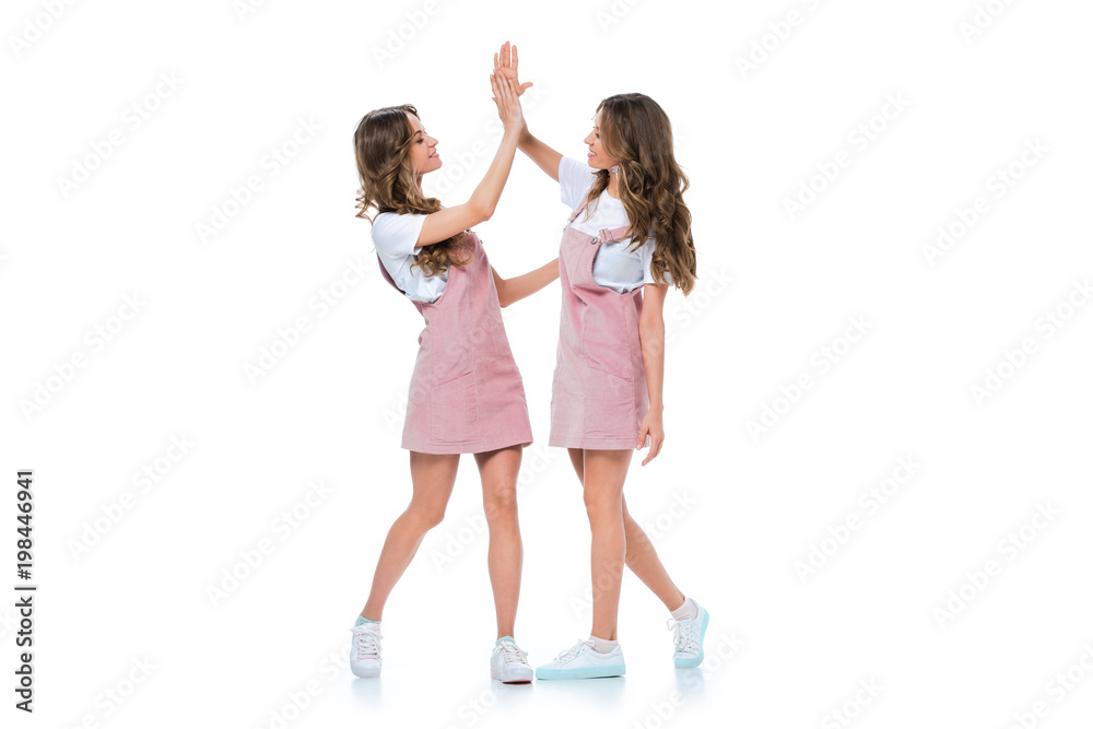beautiful young twins giving high five isolated on white beautiful young twins giving high five isolated on white