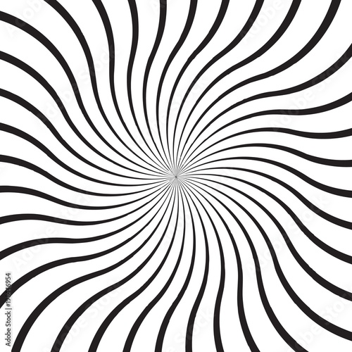 Abstract background with monochrome radial rays  lines or stripes curving around center. Backdrop with rotating illusion or dizzy effect. Modern vector illustration in black and white colors.