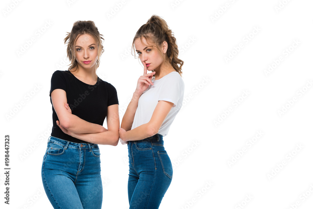 confident attractive young twins looking at camera isolated on white confident attractive young twins looking at camera isolated on white