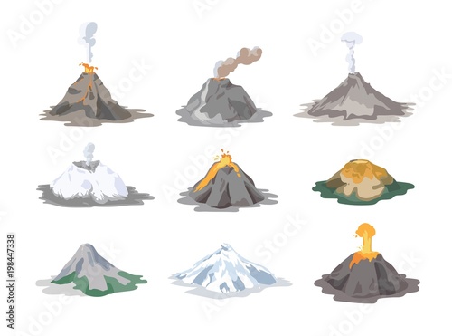 Collection of inactive and active volcanoes erupting and emitting smoke, ash clouds and lava isolated on white background. Bundle of volcanic eruptions. Colorful vector illustration in flat style.