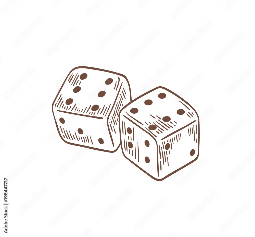 Pair Of Dice Lying With Sixes On Top Side Drawn With Contour Lines On White Background Throwable Gambling Device For Tabletop Board And Casino Games Symbol Of Good Luck Vector Illustration Stock