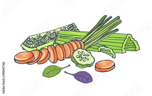 Composition with fresh tasty vegetables lying together isolated on white back...