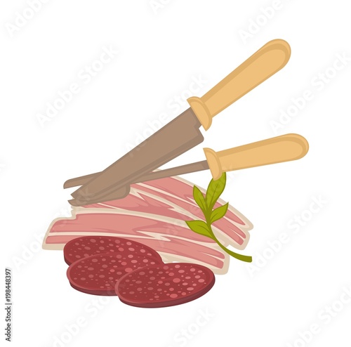 Bacon and sausage meat vector icon for butchery shop or gastronomy