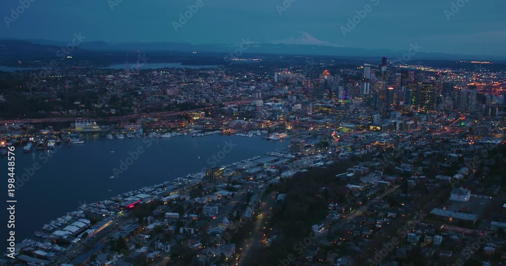 Seattle Aerial West Lake Union Queen Anne Hill City Skyline Mount Rainer Dusk Evening Building Lighting Seattle Aerial West Lake Union Queen Anne Hill City Skyline Mount Rainer Dusk Evening Building Lighting