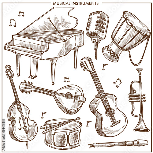 Musical instruments vector sketch icons collection for folk or jazz classical music