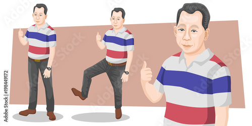 Set of businessman real cartoon character adult handsome smart guys standing thumb up in casual flat design on white and color background for presentation office work flat vector illustration
