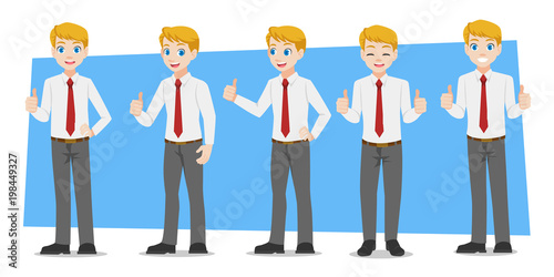 Businessman, Set of business characters young adult handsome smart guys standing flat design in front view on white and colour background for presentation and explain office work,flat vector