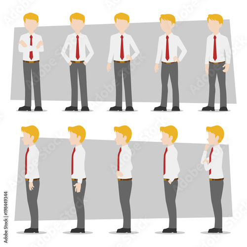 Businessman, Set of business characters young adult handsome smart guys standing flat design in front view on white and colour background for presentation and explain office work,flat vector