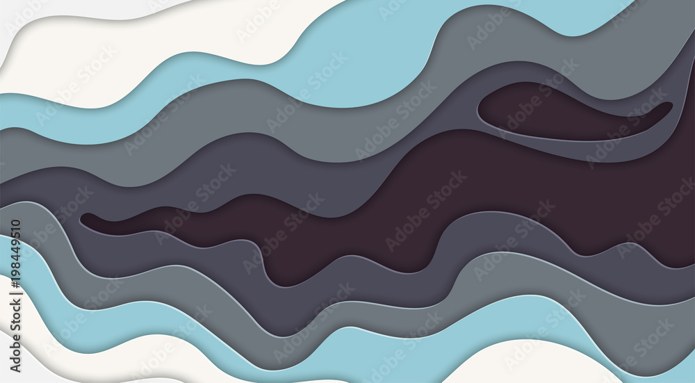 Paper art cartoon abstract waves in realistic trendy craft style. Modern origami design template. Concept inspiration or idea for your projects. Vector illustration.