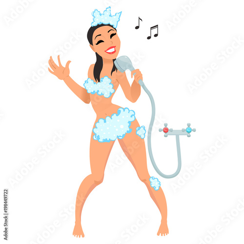 young woman singing in the shower. Character representing Aquarius for a modern horoscope. EPS10 vector illustration.