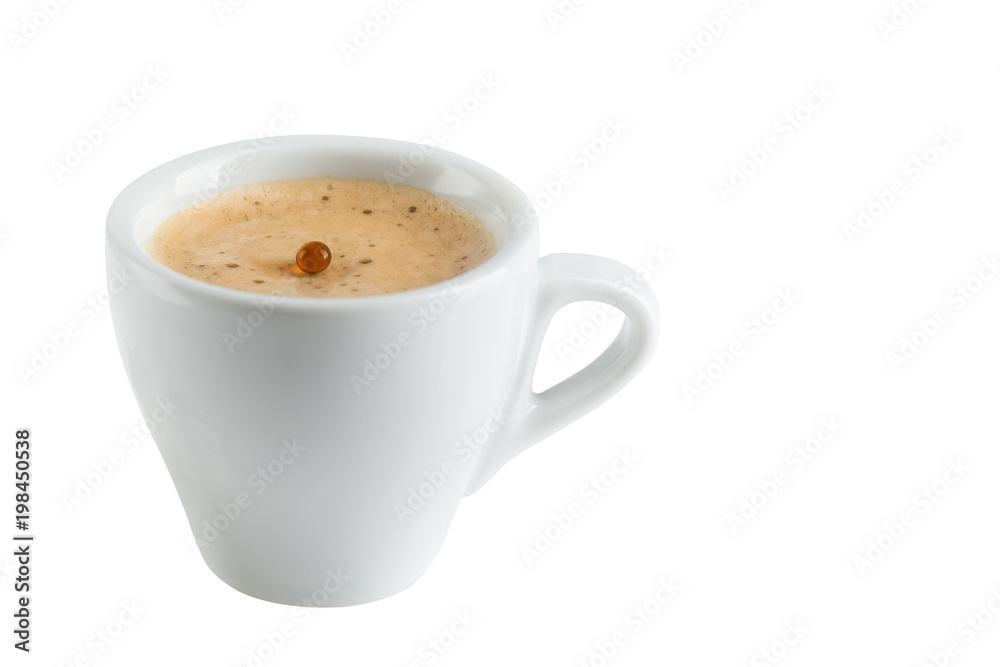 coffee in a porcelain cup, black coffee and white meringues, the dynamics and spike of coffee, falling drops coffee in a porcelain cup, black coffee and white meringues, the dynamics and spike of coffee, falling drops