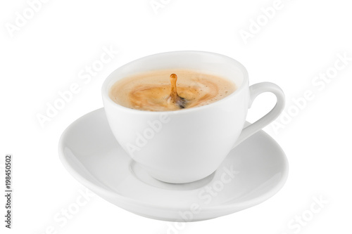 black coffee in white porcelain cup, motion and splash of coffee, isolated on white background