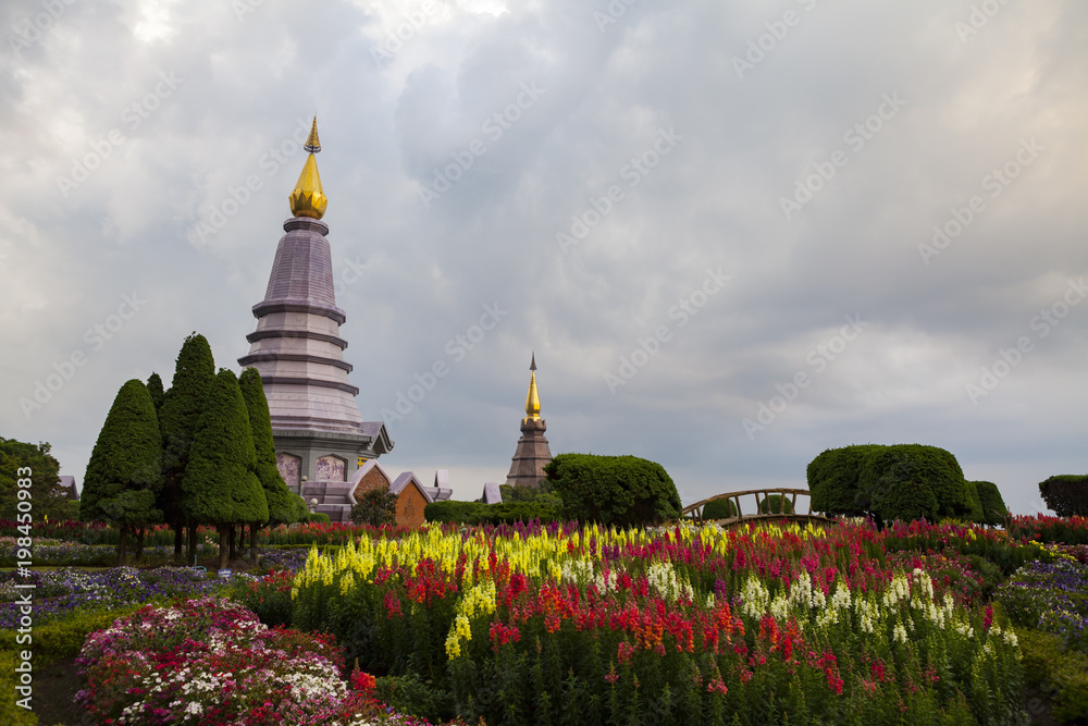 Naklejka premium Landscape of two pagoda on the top of Inthanon mountain, Chiang Mai, Thailand.