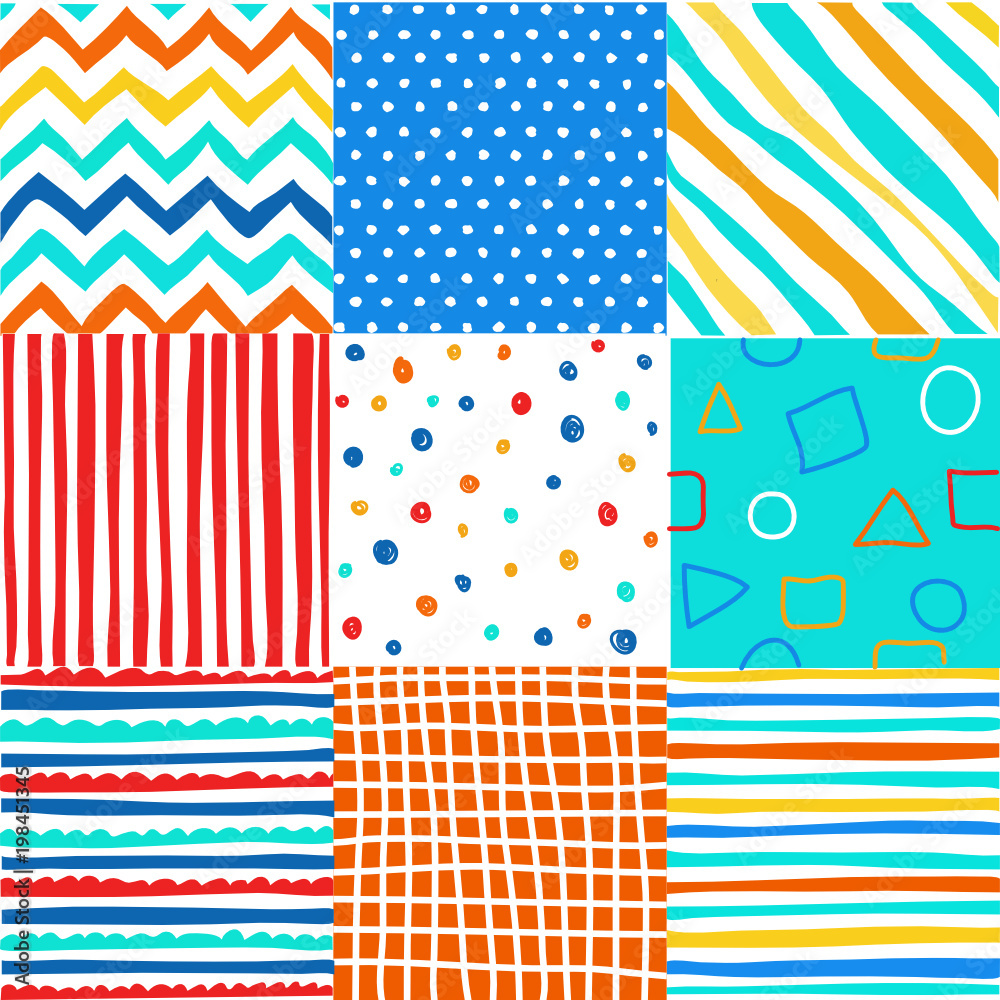 Cute set of kids seamless patterns with fabric textures Cute set of kids seamless patterns with fabric textures
