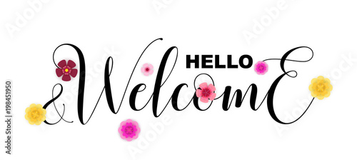 Photo Hello and Welcome calligraphic letters isolated on white, vector illustration