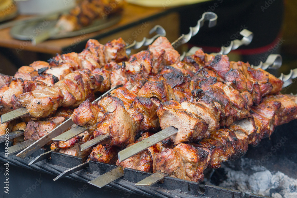 Delicious barbecue is prepared on the skewer. Food