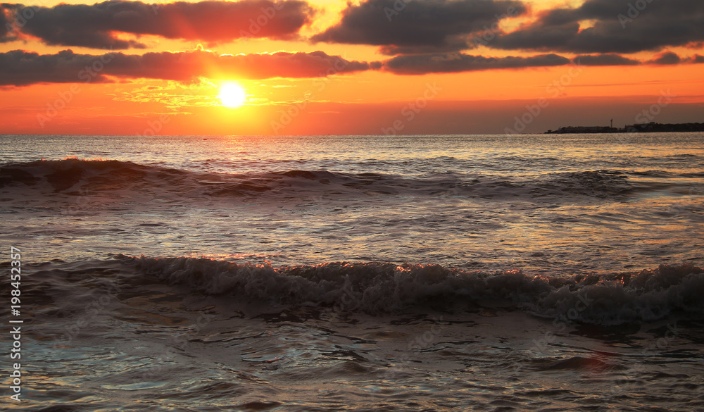 Big Waves on Black Sea on sunset.