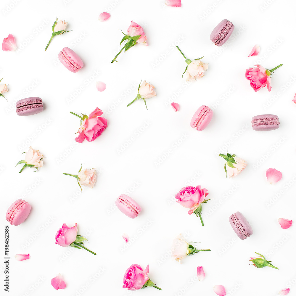 A beautiful frame made of macaroons and roses. flat lay, top view, A beautiful frame made of macaroons and roses. flat lay, top view,