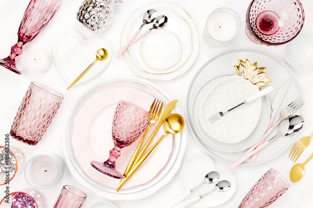 Tableware and decorations for serving a festive table. Plates, wine ...