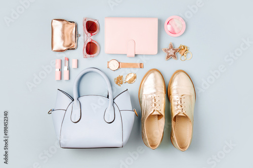 Feminine accessories collage with handbag, watch, note and beauty products. photo