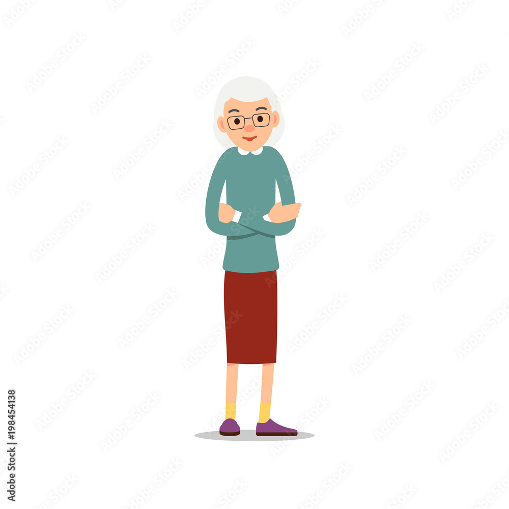 Old woman. Elderly woman stand with his arms crossed over his chest. Illustration isolated on white background in flat style. Full length portrait of old ladie, senior or grandmother