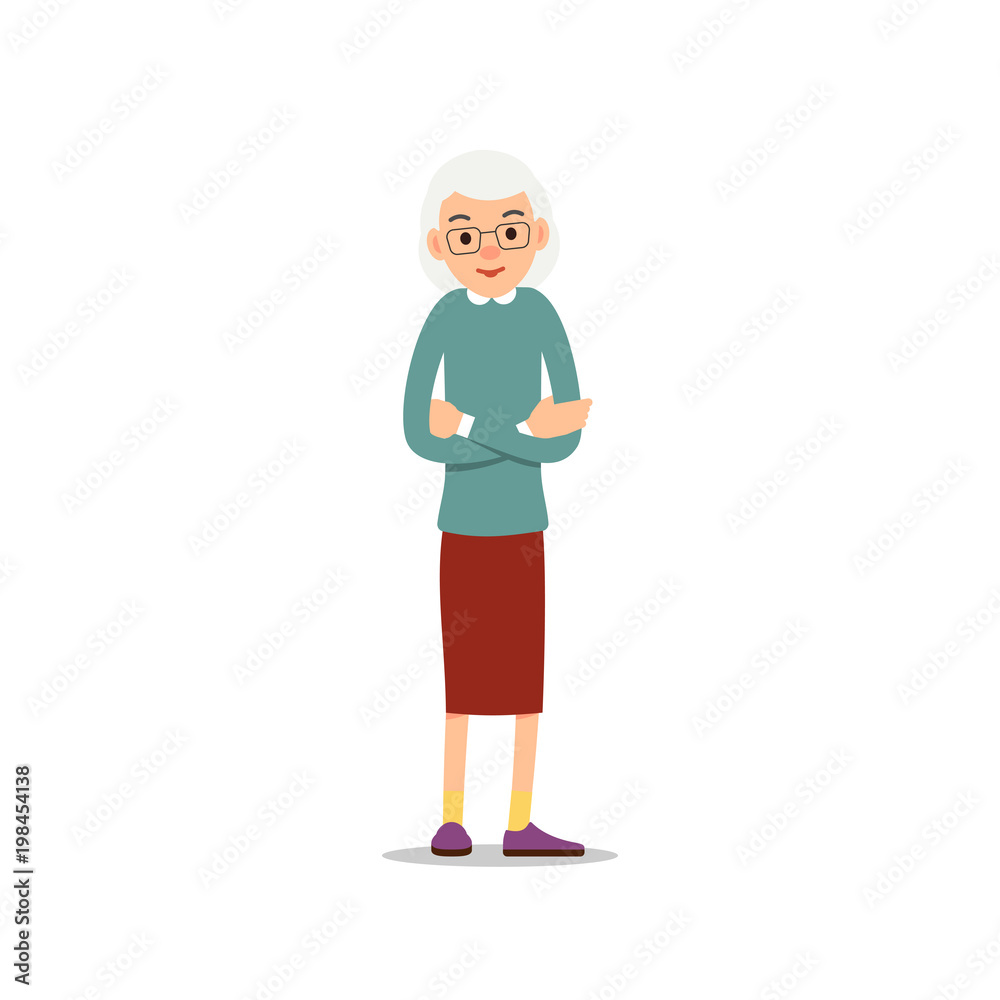 Old woman. Elderly woman stand with his arms crossed over his chest. Illustration isolated on white background in flat style. Full length portrait of old ladie, senior or grandmother Old woman. Elderly woman stand with his arms crossed over his chest. Illustration isolated on white background in flat style. Full length portrait of old ladie, senior or grandmother