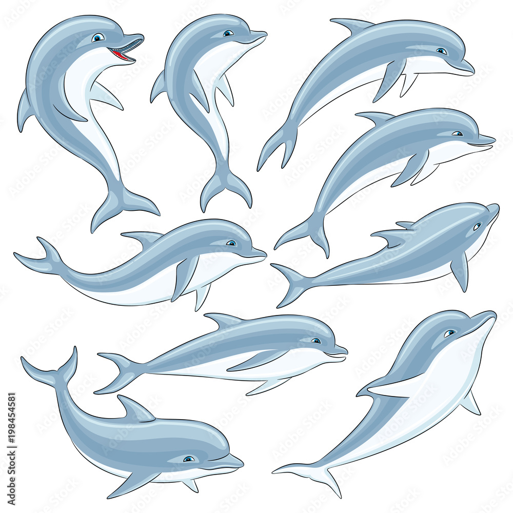 Fototapeta premium Zestaw niebieskich delfinów na białym tle.