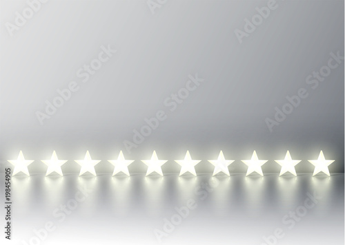 Ten 3D yellow glowing star rating on grey background, vector illustration