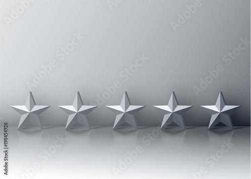 Five grey 3D star rating on grey background, vector illustration