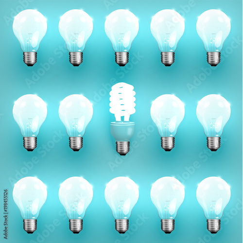 Energy saver lightbulb among old ones, vector illustration