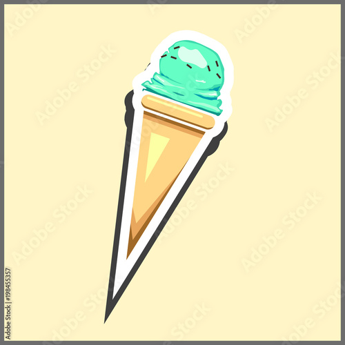 Ice cream in waffle cone with menthol flavor. Illustration in the form of a sticker.