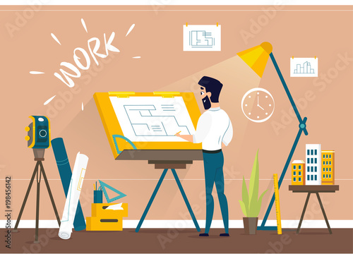 Man architect drawing house project floor plan at draftsman studio with drawing desk.